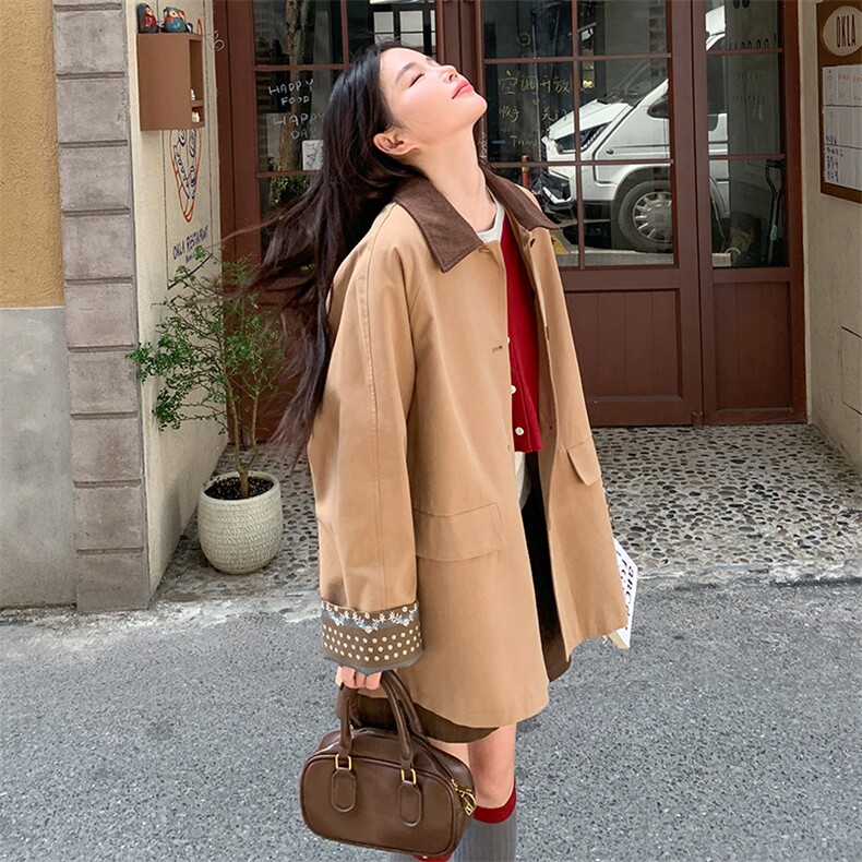 风衣女中长款2025年秋秋新款时尚百搭撞色拼接小个子时髦休闲外套,女装风衣,蝶眷