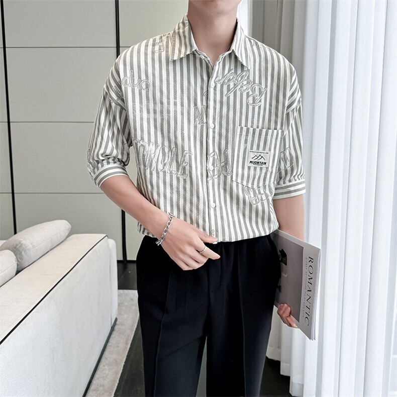 现货2025春季新款男士衬衫轻奢风条纹字母衬衣宽松上衣901C31P58,男装衬衫,星座901
