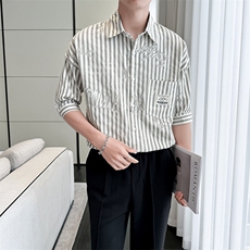 现货2025春季新款男士衬衫轻奢风条纹字母衬衣宽松上衣901C31P58，男装衬衫，星座901