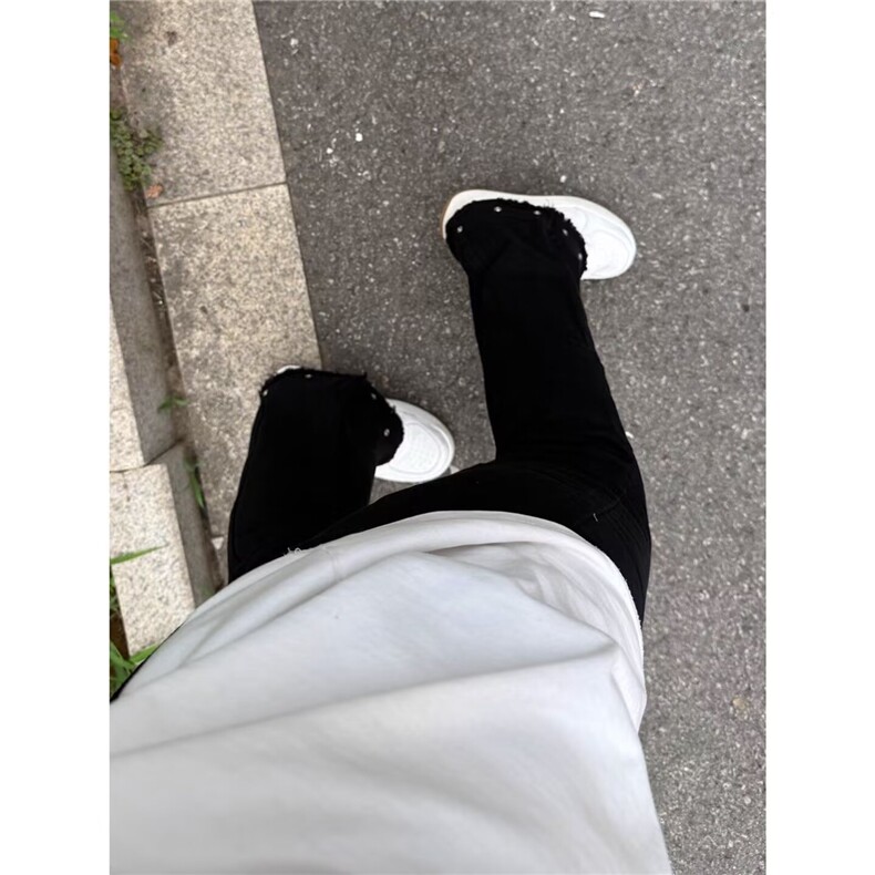 美式复古黑色微喇牛仔裤男cleanfit水洗做旧毛边铆钉显瘦休闲裤潮,男装牛仔裤,星座302B