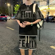 特P48无差价2025夏季新款假两件字母印花拼色五分裤套装男TZ611，男装休闲套装，电商C305A