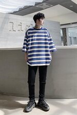 夏季宽松大码条纹T恤舒适落肩袖中长款潮T男款五分袖防晒D655P40，男装T恤，星座312B-1