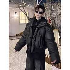 现货5W件冬季三防重磅硬挺boxy短款羽绒立领PU皮棉衣外套加厚棉服，男装棉衣，电商A443