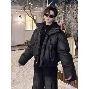 现货5W件冬季三防重磅硬挺boxy短款羽绒立领PU皮棉衣外套加厚棉服图片