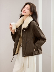 现货2025冬季新款休闲时尚无帽毛领女士加绒加棉保暖派克服，女装棉衣/棉服，木子恋