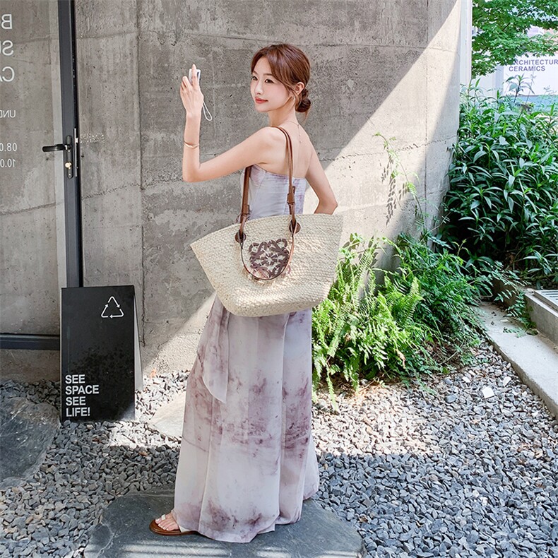 法式浪漫风气质晕染抹胸上衣阔腿裤套装女2025新高级设计感两件套,女装套装/套裙,2D078
