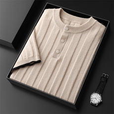 2025秋冬百搭时尚简约圆领坑条短袖针织衫，男装羊绒套衫，盛欣羊绒