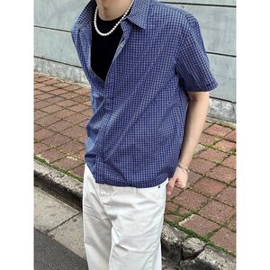 蓝格纹抽绳短袖衬衫夏季百搭短宽版型男女上衣miu系 C7013图片