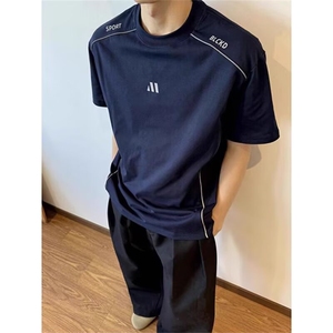 藏青色凉感索罗娜t恤男夏季健身运动速干短袖解构拼接插肩五分袖图片