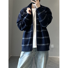 现货早秋格纹宽松针织开衫条纹百搭休闲立领毛衣外套特P75，男装针织衫/毛衣，电商D205