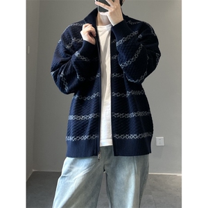 现货 早秋格纹宽松针织开衫条纹百搭休闲立领毛衣外套特P75图片