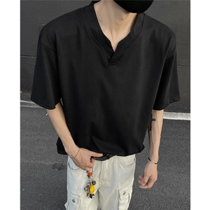 240克索罗娜 亨利领夏季男士设计感短袖V领T恤宽松韩版上衣  P28图片