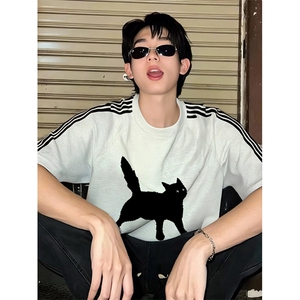 抖音得物品质二开240克宽松纯棉美式潮牌印花三条杠中性风短袖T恤,男装T恤,电商A486-1