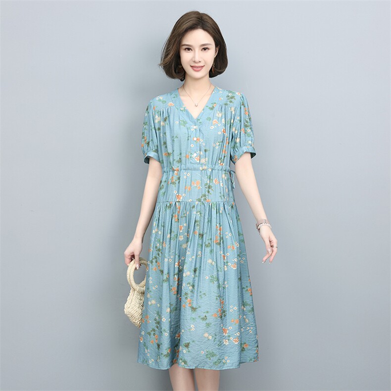 夏季新款优雅碎花连衣裙女宽松显瘦V领短袖长裙气质淑女裙，女装连衣裙，叶笙衣