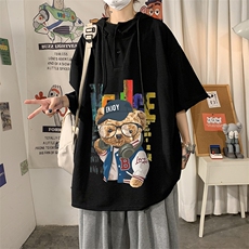 LD54211-P45连帽短袖t恤男大码胖子带帽五分袖中袖海报风，男装T恤，电商A040