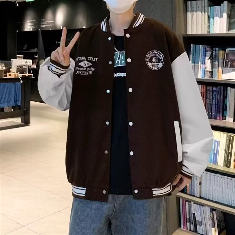 秋季新款男士棒球服拼皮时尚夹克潮流宽松百搭情侣款美式外套,男装夹克,星座1013