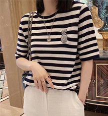 2024年夏季短袖套头圆领时尚气质针织衫条纹，女装针织衫/毛衣，百纯羊绒