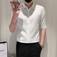 店主风社会小伙男士纯色中袖衬衫男休闲修身衬衣301A-1/CS385/P55，男装衬衫，星座301A-1