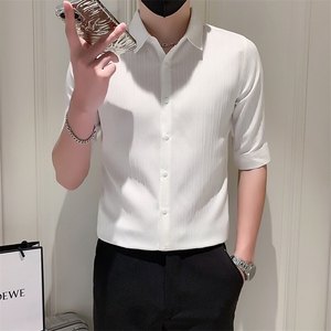 店主风社会小伙男士纯色中袖衬衫男休闲修身衬衣301A-1/CS385/P55图片
