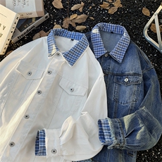 美式复古格子拼接假两件牛仔外套男女cleanfi情侣夹克JK08645-P80，男装工装外套，星座308B-2