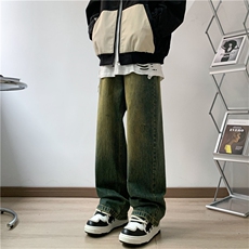 美式复古渐变牛仔裤男欧美高街黄泥色宽松阔腿裤N1628-P45，男装牛仔裤，星座1001-1