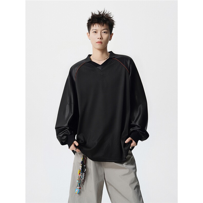 可二开美式POLO衫大码M-5XL拼接V领球衣长袖T恤男CX78111P45控69,男装Polo衫,星座226-1