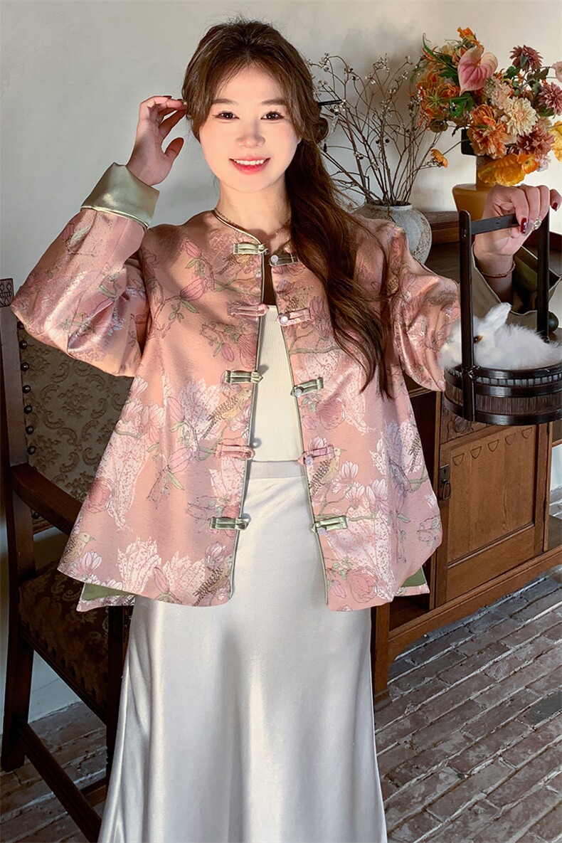 新中式国风粉色短款外套女春秋2025新款高级感超好看绝美唐装上衣,女装短外套,2C085