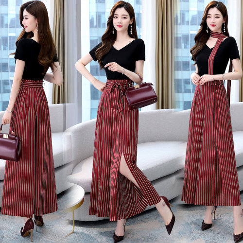 时尚减龄阔腿裤套装女2024新款韩版夏装短袖v领两件套潮送腰带，女装职业装，丽美静依
