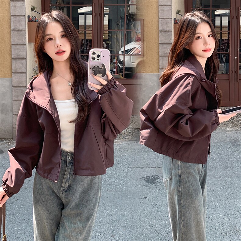 韩版时尚休闲短款连帽外套女2025春秋季新款宽松显瘦时髦夹克上衣,女装短外套,韩蜜菓