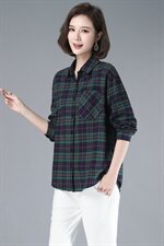 2021年春季排多扣格子衬衫直筒通勤长袖衬衣，女装衬衫，伊满意