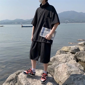 男潮流休闲套装宽松套装冰丝短衬衫套装A002P44图片