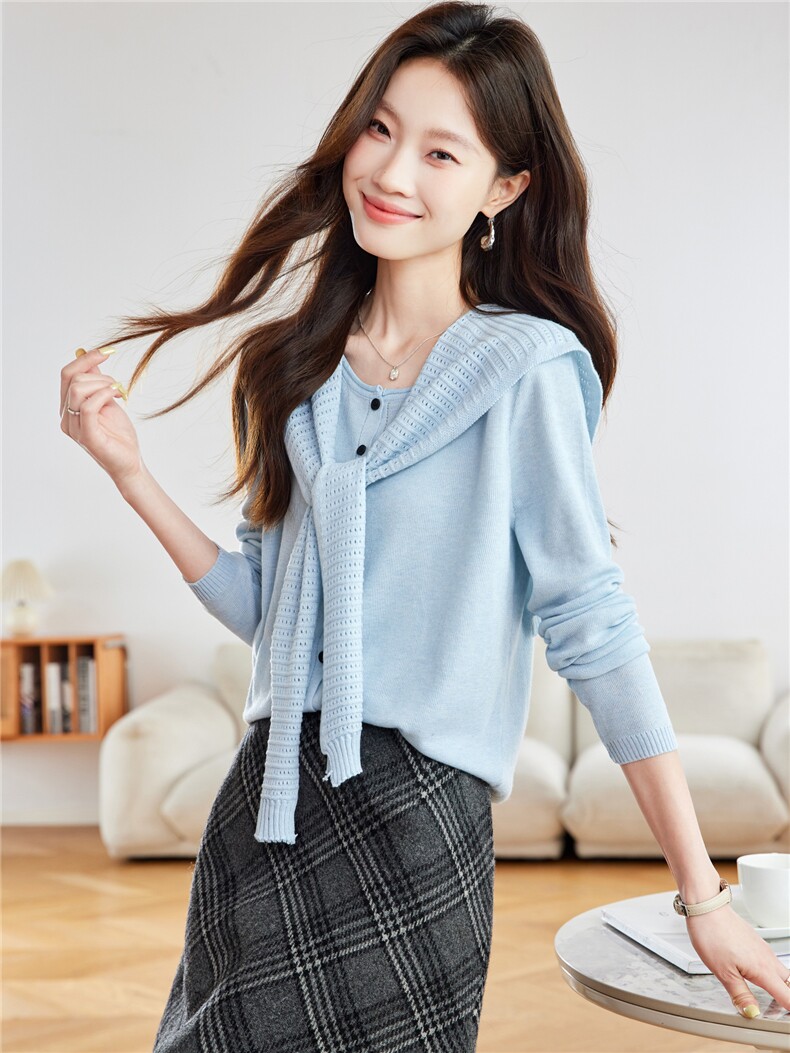 2025秋装新款气质含羊毛针织打底开衫送披肩两件套上衣女,针织衫/毛衣,时尚风爆