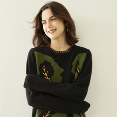 秋冬季新款舒适时尚百搭女士圆领手钩花拼色35%羊绒衫，女装羊绒衫，戎美山