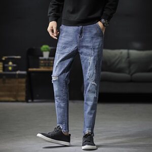 春秋主推 九分牛仔裤男修身韩版小脚弹力破洞休闲裤子图片