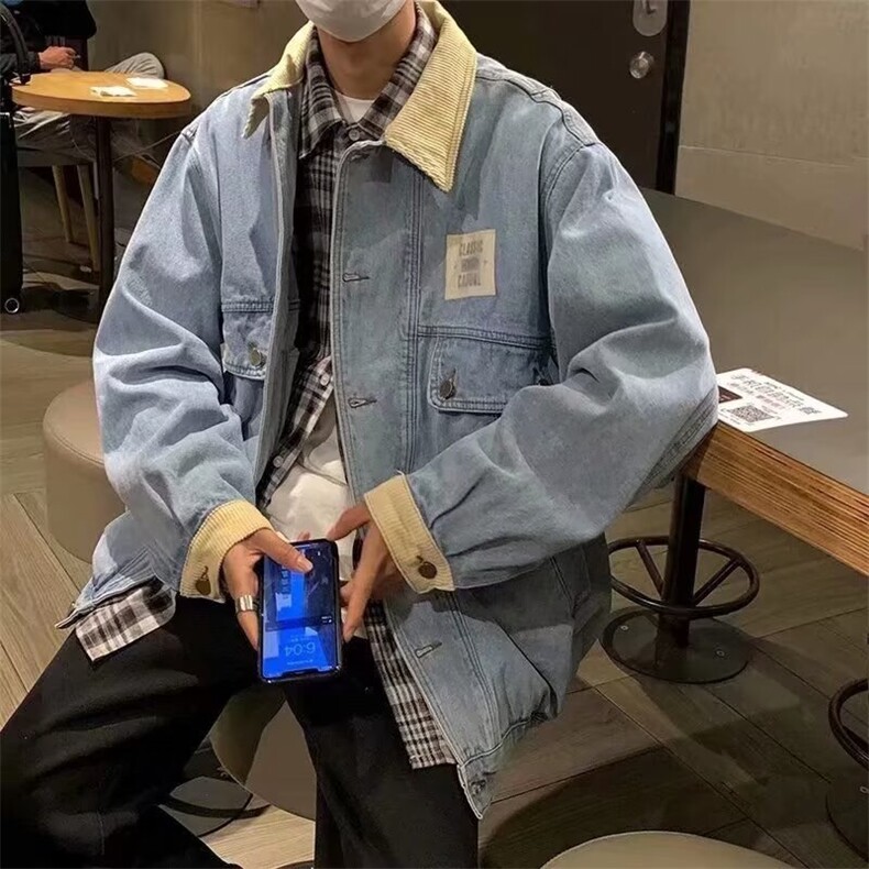 1506/GY80270/P45美式复古设计感灯芯绒拼接牛仔夹克情侣装外套,男装夹克,星座1506A