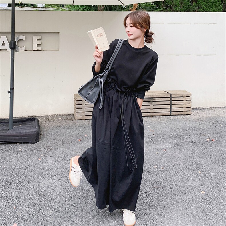 韩版设计感假两件抽绳卫衣裙女2025春秋季新款休闲显瘦减龄连衣裙图片