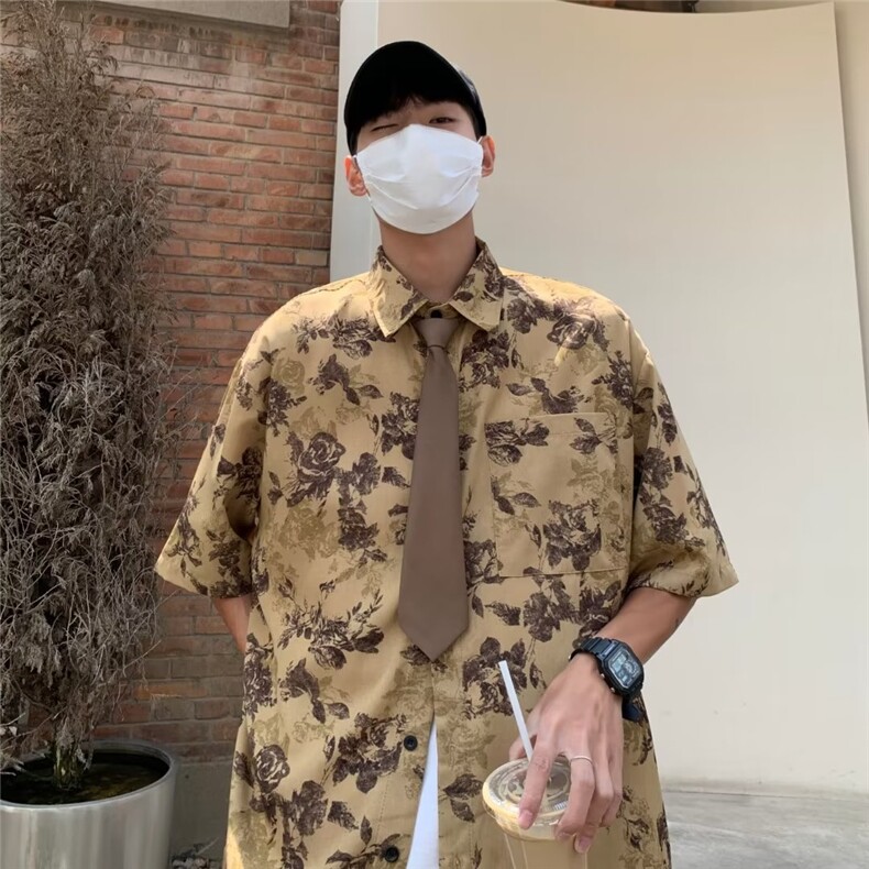 翻领潮牌宽松型慵懒时尚都市流行夏季碎花男短袖潮流日常衬衫,男装衬衫,星座716-4