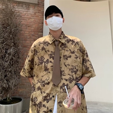 翻领潮牌宽松型慵懒时尚都市流行夏季碎花男短袖潮流日常衬衫，男装衬衫，星座716-4