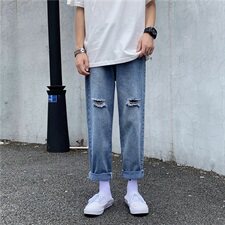 港风夏款男破洞牛仔裤宽松字母印花潮直筒九分裤n，男装牛仔裤，星座1013-1