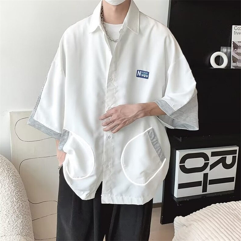 街头嘻哈短袖衬衫男女夏季设计感休闲宽松情侣拼接上衣C2317-p35,男装衬衫,星座1008