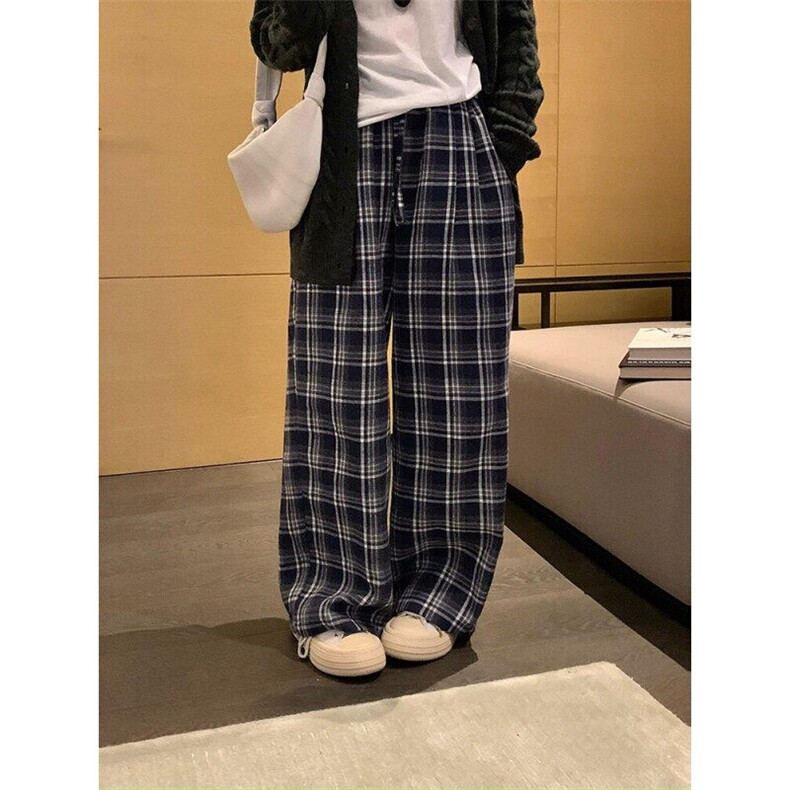 蓝色蕾丝花边格子休闲裤女宽松直筒阔腿裤慵懒高腰长裤LB3877-p40,男装休闲裤,星座1008