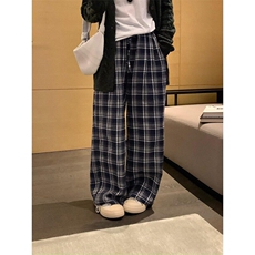 蓝色蕾丝花边格子休闲裤女宽松直筒阔腿裤慵懒高腰长裤LB3877-p40，男装休闲裤，星座1008