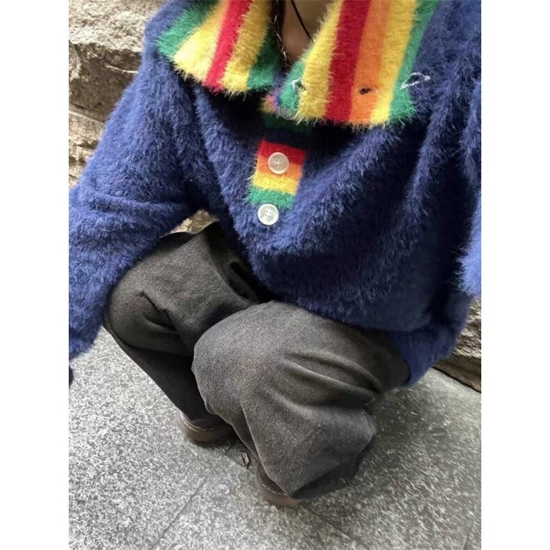 【有货】DTQ02-P65彩虹毛织拼接V领毛衣女秋冬宽松慵懒风针织衫,男装针织衫/毛衣,星座603-2