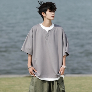 8XL-M重磅斜纹假两件短袖t恤男夏季薄款宽松大码半袖体恤DT006P45图片