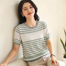 圆领条纹纯棉短袖针织衫女夏季韩版时尚休闲显瘦减龄T恤百搭上衣，女装T恤，伊绒腾羊绒