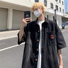 夏季短袖牛仔衬衫男ins潮牌港风日系小众设计感休闲宽松半袖外套，男装衬衫，星座716-3
