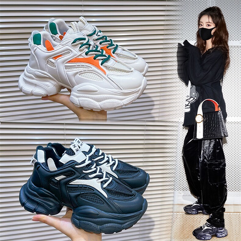 秋季发泡底真皮老爹鞋女2023新款拼色运动鞋女增高休闲鞋厚底女鞋,女鞋休闲鞋,电商A223