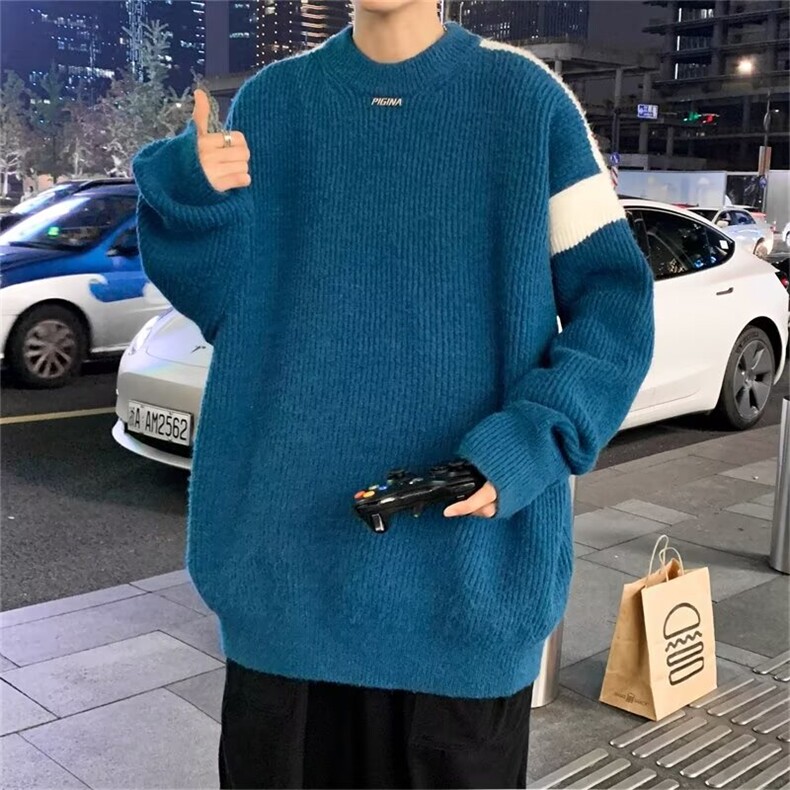 圆领毛衣男港风宽松拼接设计感针织衫慵懒风日系情侣线衣M267,男装针织衫/毛衣,星座1116A-1（原606A）