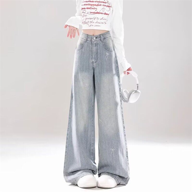 蝴蝶结刺绣直筒牛仔裤女2025新款小众宽松显瘦阔腿裤潮-网图,男装牛仔裤,星座302B-2
