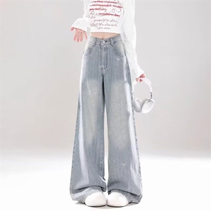 蝴蝶结刺绣直筒牛仔裤女2025新款小众宽松显瘦阔腿裤潮-网图图片